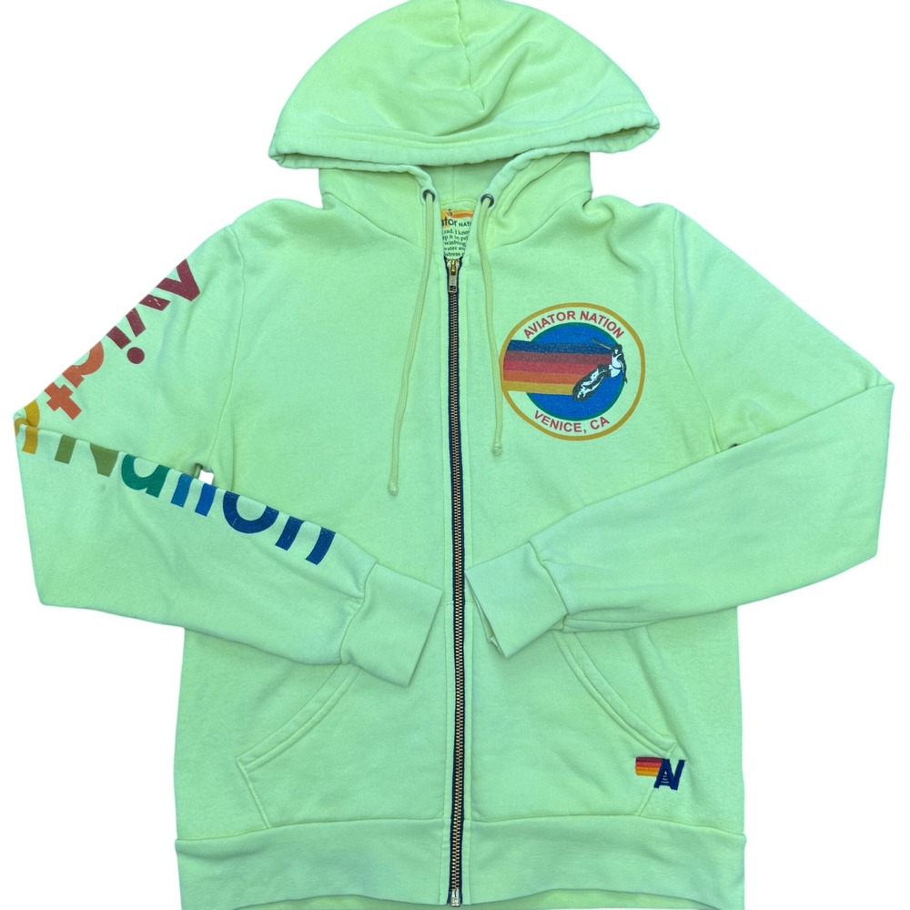 Aviator Nation Zip Hoodie Womens Small Highlighter Yellow Rainbow Venice CA Logo